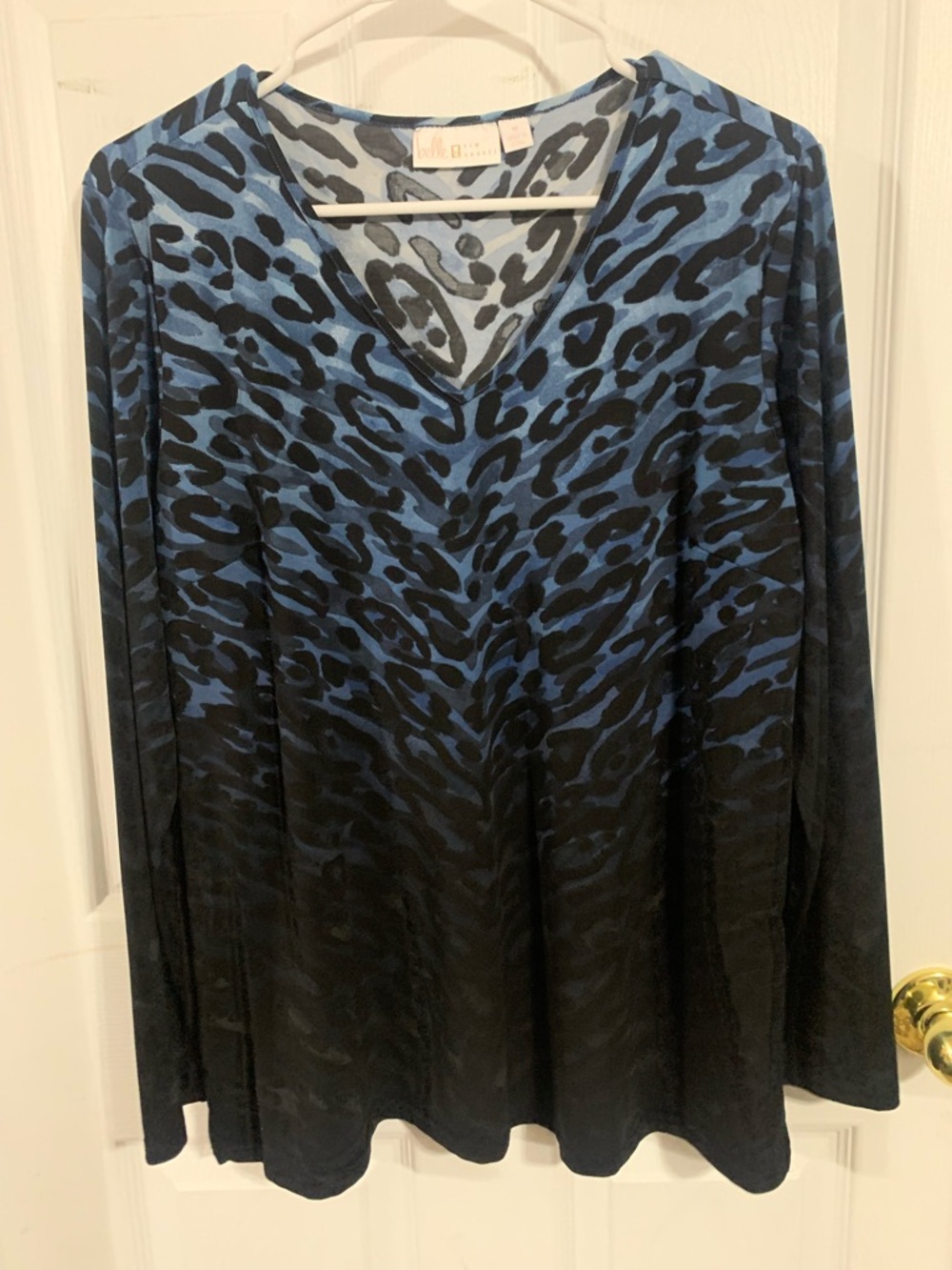 Belle by Kim Gravel Blue and Black V-Neck Long Sleeve Animal Print Top